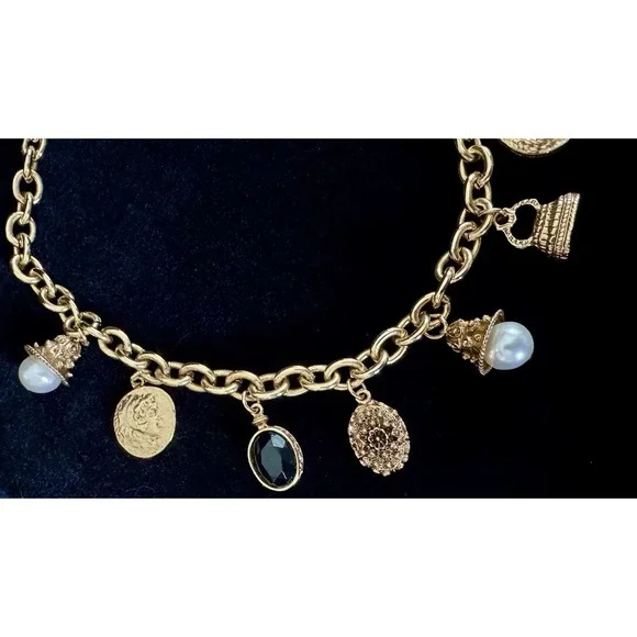Vintage Victorian Revival Charm Necklace Chunky Rolo Chain Coins Pearls Goldtone - Picture 5 of 10